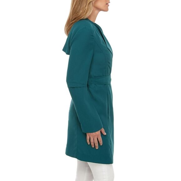 New! JOAN VASS Women's Crepe Belted Topper Trench Jacket Color Teal Size Small - Picture 3 of 3